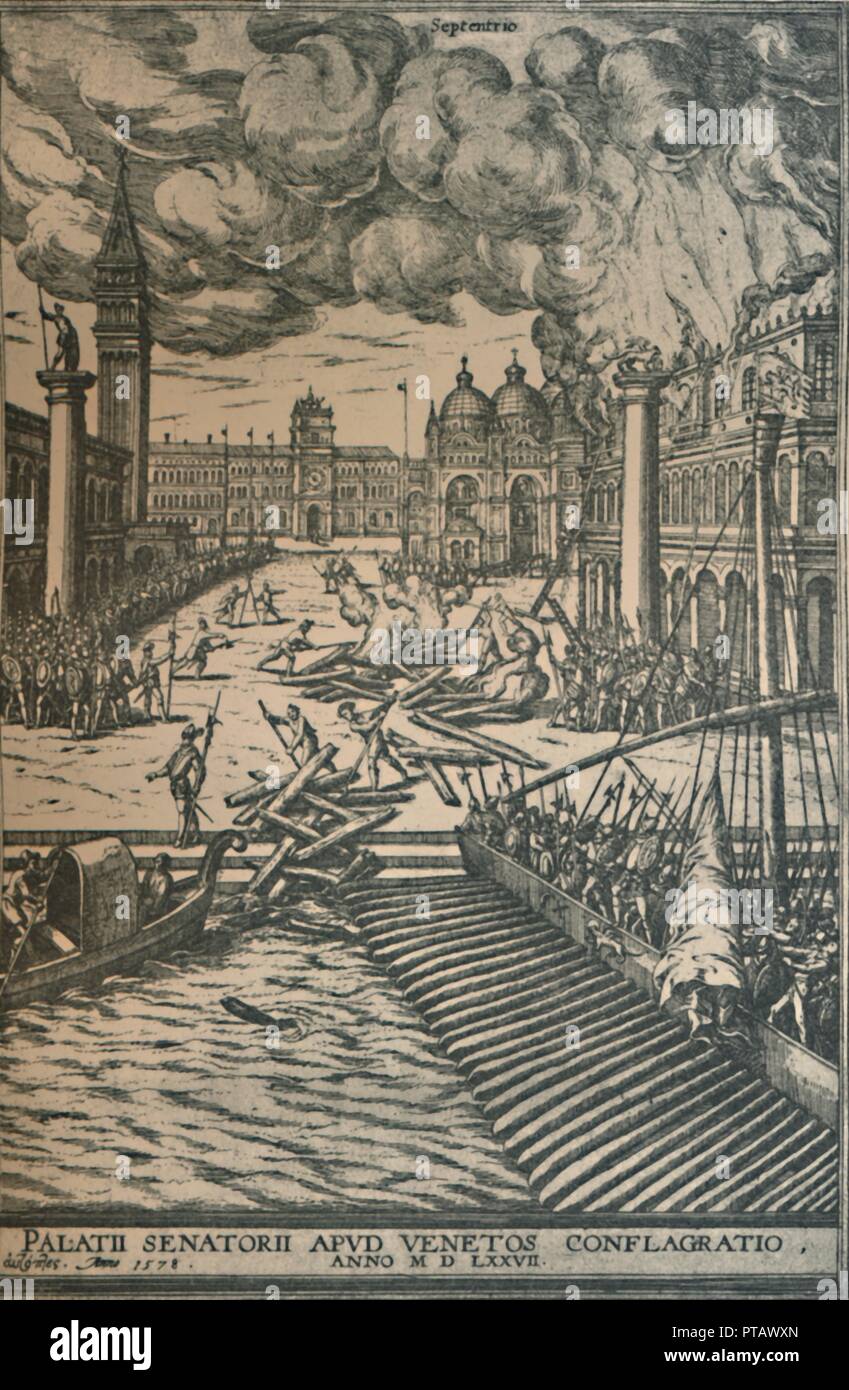 'The Burning of the Doge's Palace, 1578', (1925). Creator: Joris Hoefnagel. Stock Photo