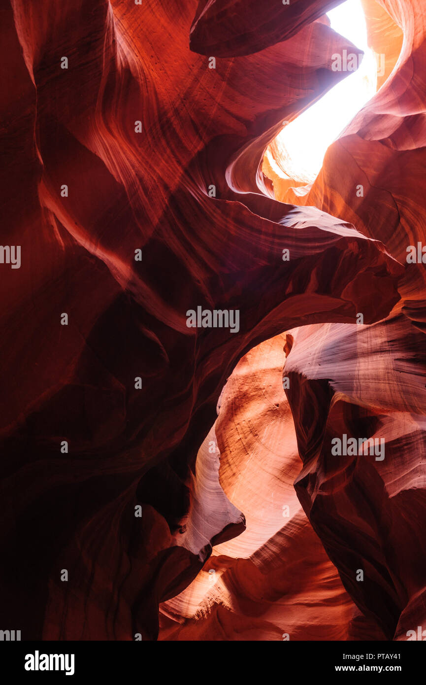 The interior of the narrow walls of the winding Antelope Canyon in ...