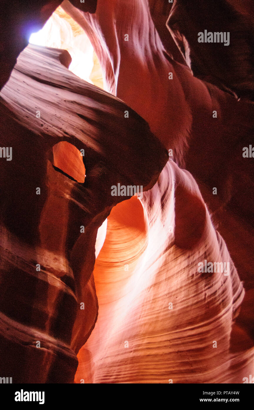The interior of the narrow walls of the winding Antelope Canyon in ...