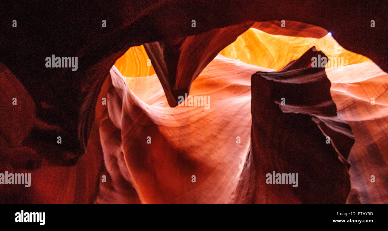 The interior of the narrow walls of the winding Antelope Canyon in ...
