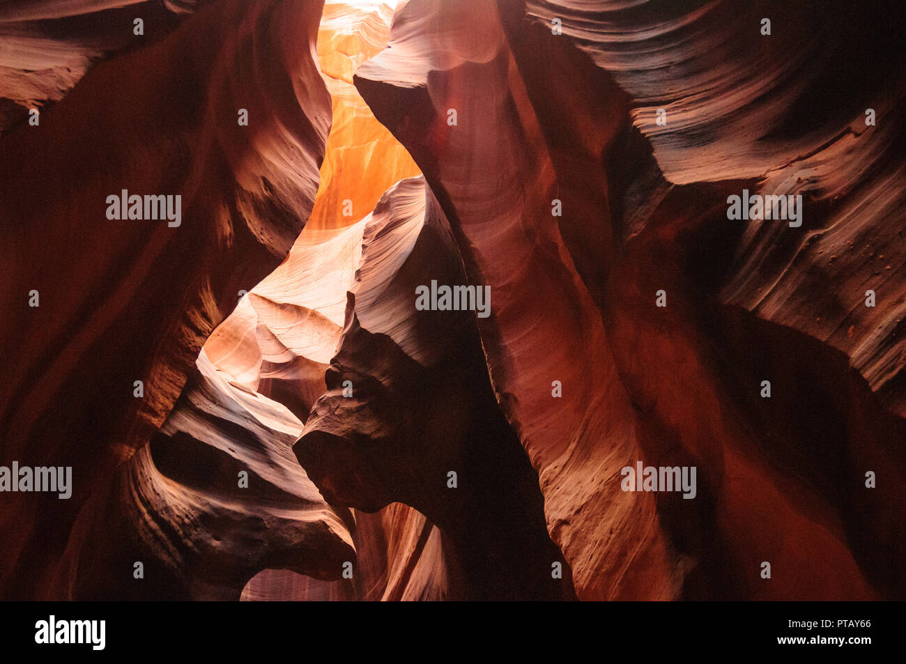The interior of the narrow walls of the winding Antelope Canyon in ...
