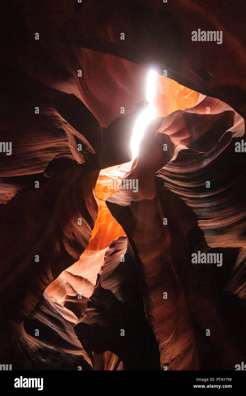 The interior of the narrow walls of the winding Antelope Canyon in ...