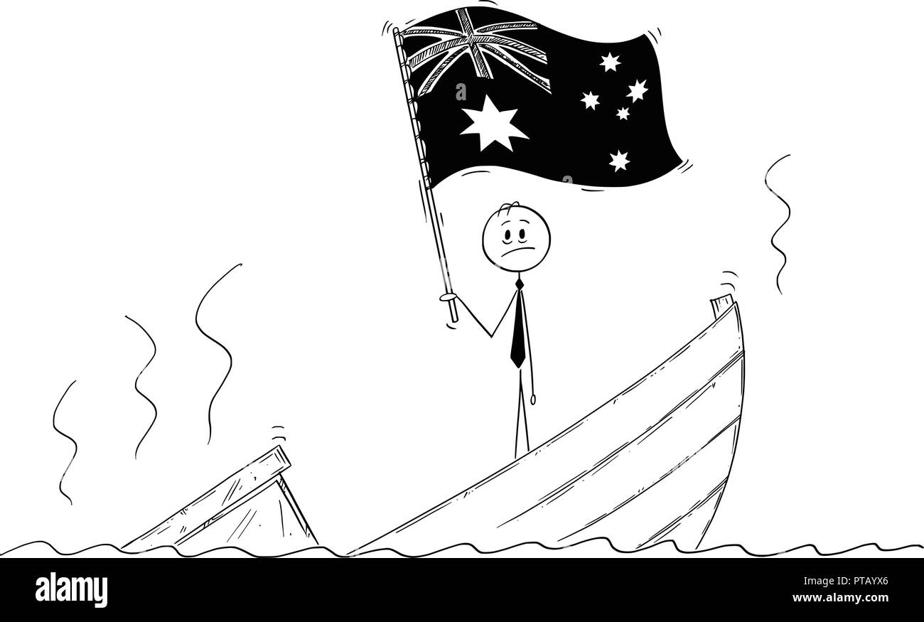 Cartoon of Politician Standing Depressed on Sinking Boat Waving Flag of Commonwealth of Australia Stock Vector