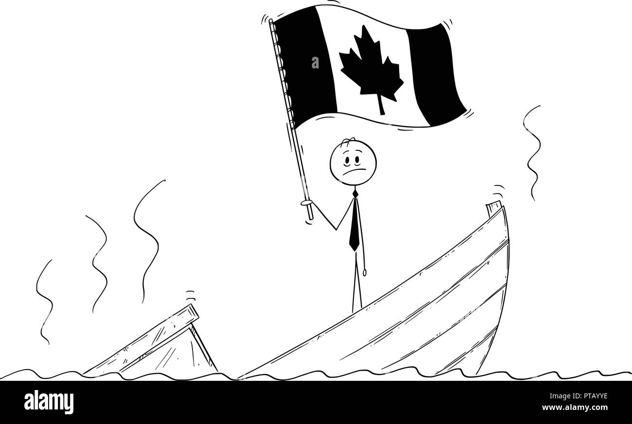 Cartoon of Politician Standing Depressed on Sinking Boat Waving the Flag of Canada Stock Vector