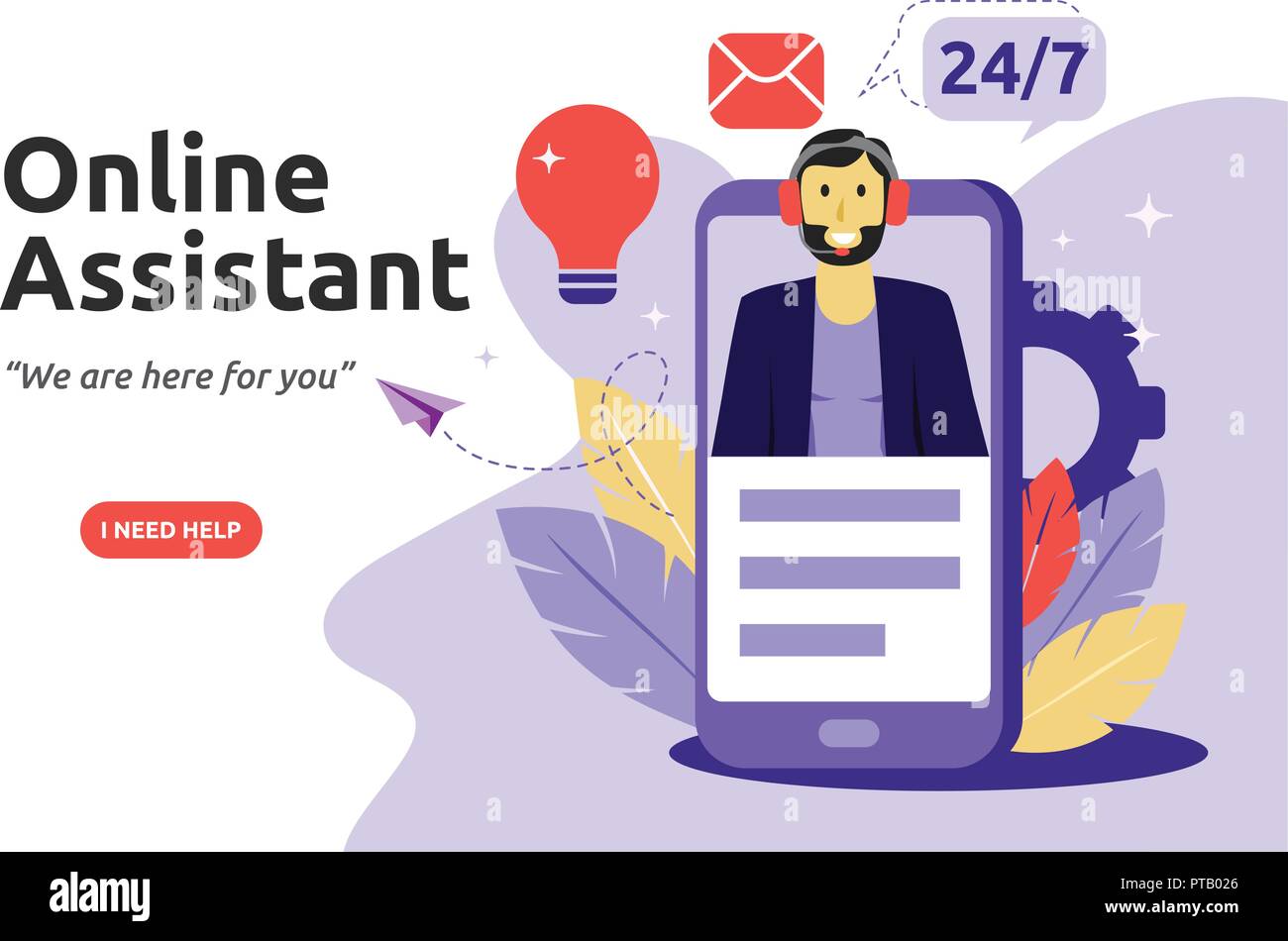 Customer and operator, online technical support concept. Male hotline operator advises client. Vector illustration Stock Vector