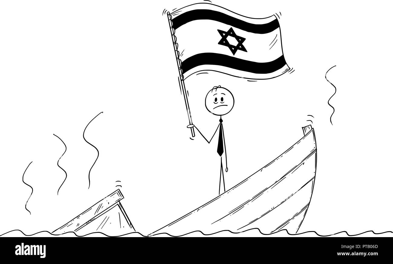 Cartoon of Politician Standing Depressed on Sinking Boat Waving the Flag of State of Israel Stock Vector