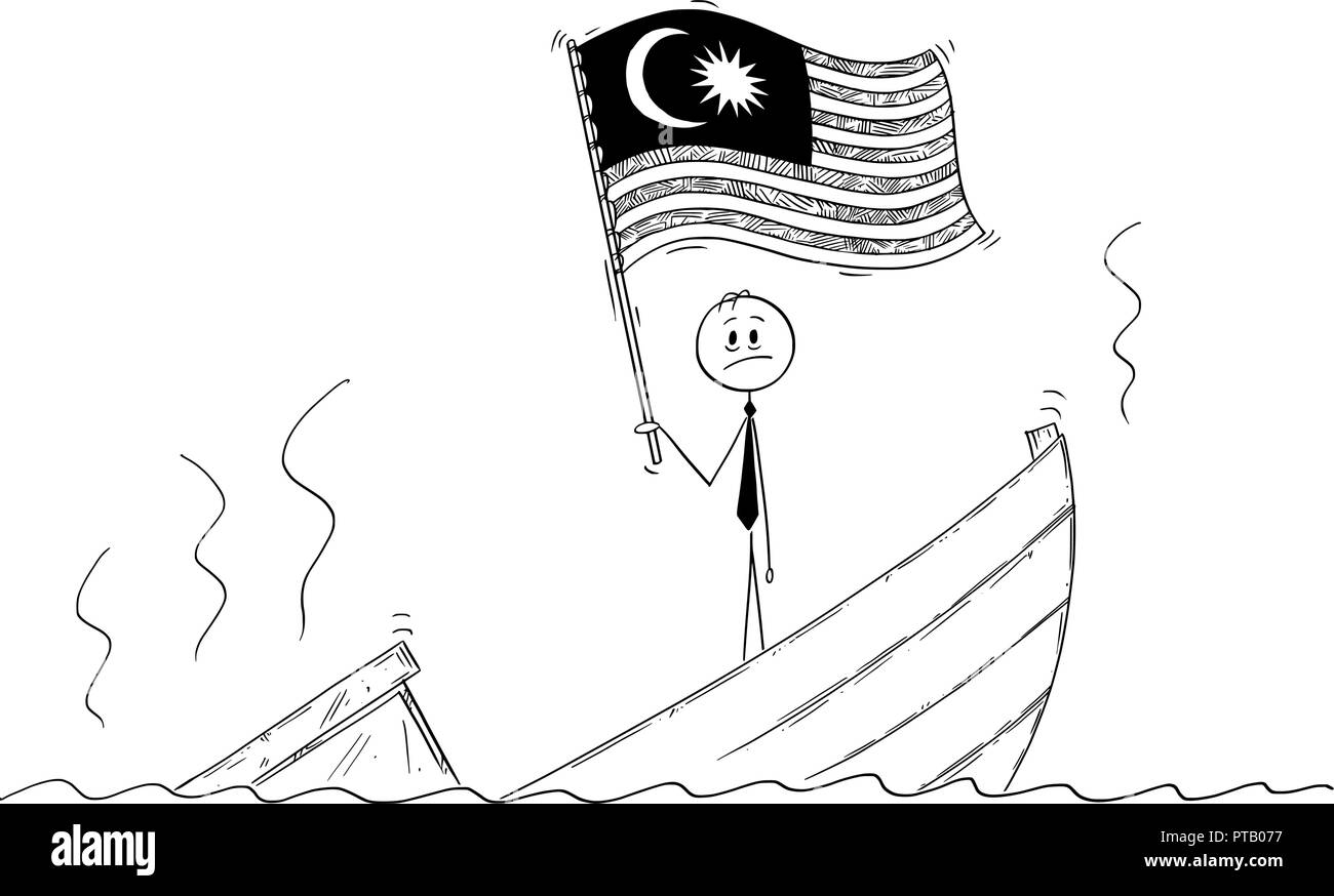 Cartoon of Politician Standing Depressed on Sinking Boat Waving the Flag of Malaysia Stock Vector