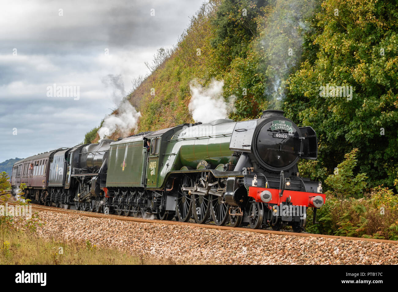 Steam locomotives 60103 Flying Scotsman double headed with 44871 'Black Five' hauling The Cathedrals Express at Dawlish Warren south Devon UK Stock Photo