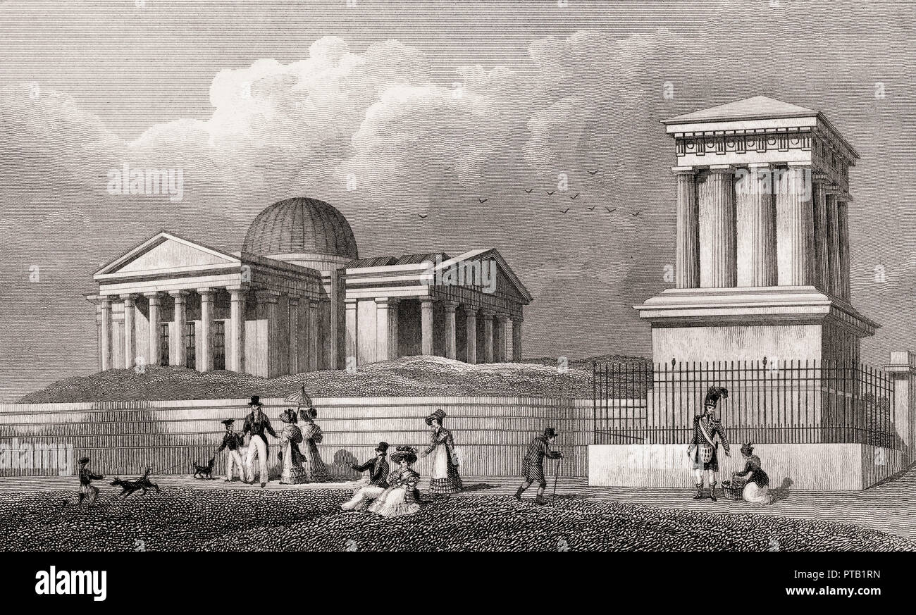 The New Observatory and Playfair's Monument, Calton Hill, Edinburgh, Scotland, 19th century, from Modern Athens by Th. H. Shepherd Stock Photo