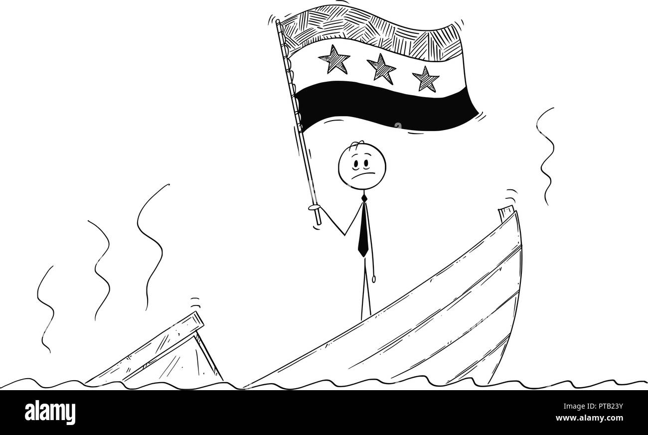 Cartoon of Politician Standing Depressed on Sinking Boat Waving the Flag of Syrian Arab Republic or Syria Stock Vector