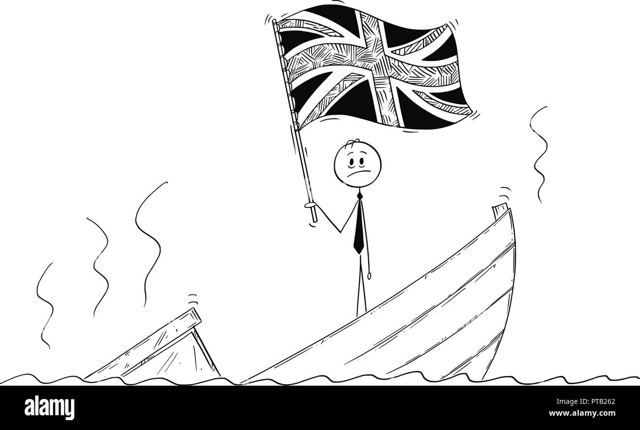 Cartoon of Politician Standing Depressed on Sinking Boat Waving the Flag of United Kingdom of Britain Stock Vector