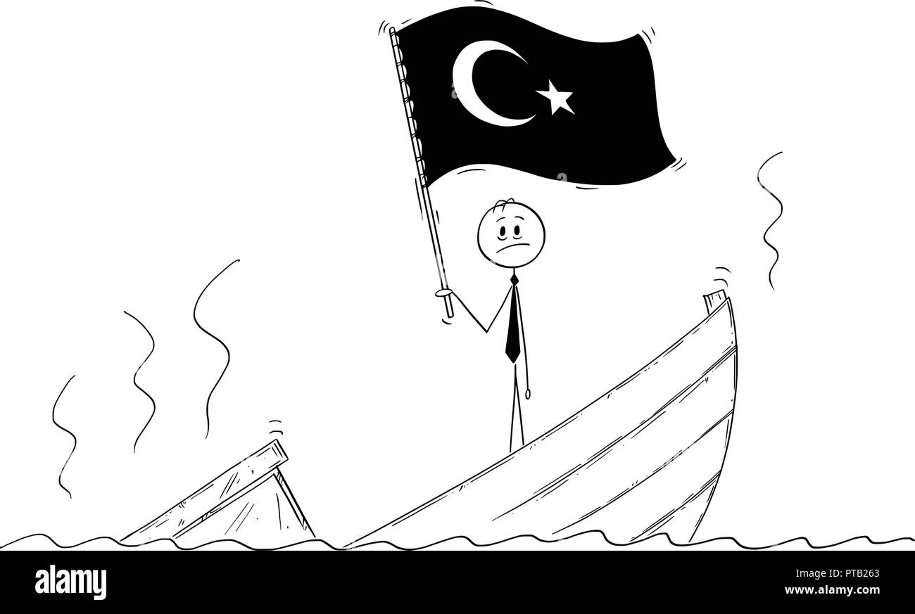 Cartoon of Politician Standing Depressed on Sinking Boat Waving the Flag of Republic of Turkey Stock Vector