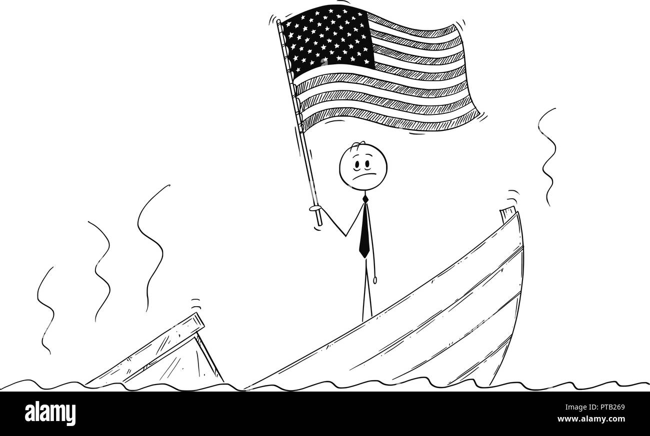 Cartoon of Politician Standing Depressed on Sinking Boat Waving the Flag of United States of America or USA Stock Vector