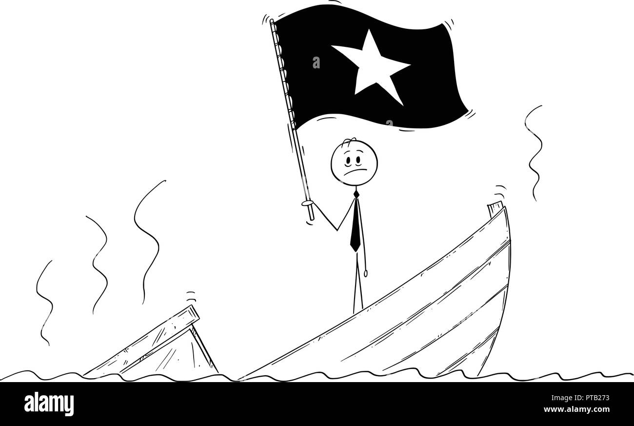 Cartoon of Politician Standing Depressed on Sinking Boat Waving the Flag of Socialist Republic of Vietnam Stock Vector