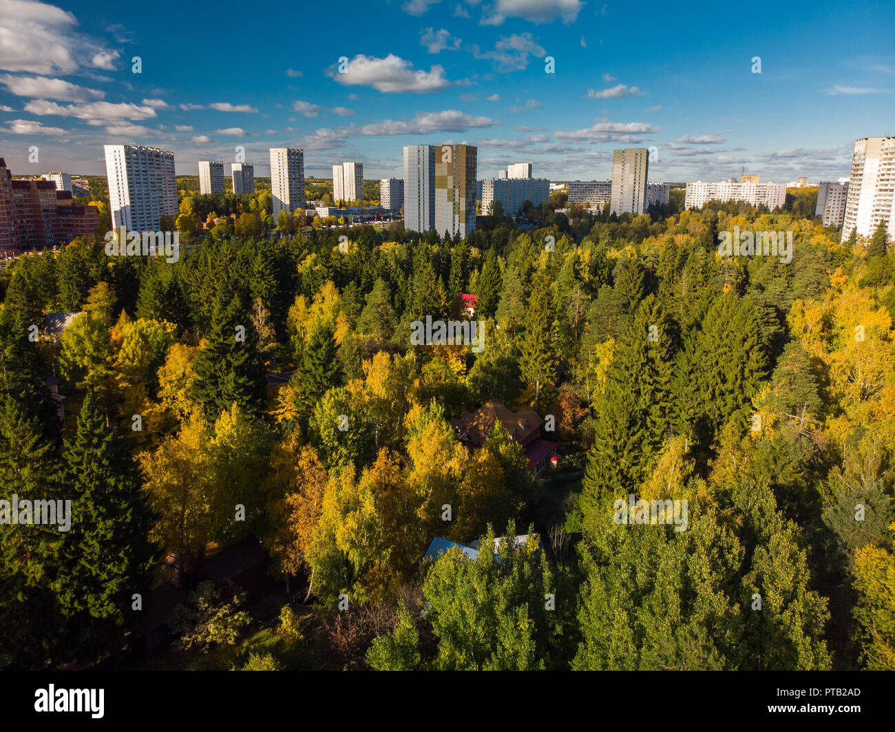 top view on ecologically clean area of Moscow with autumn forest. Russia Stock Photo