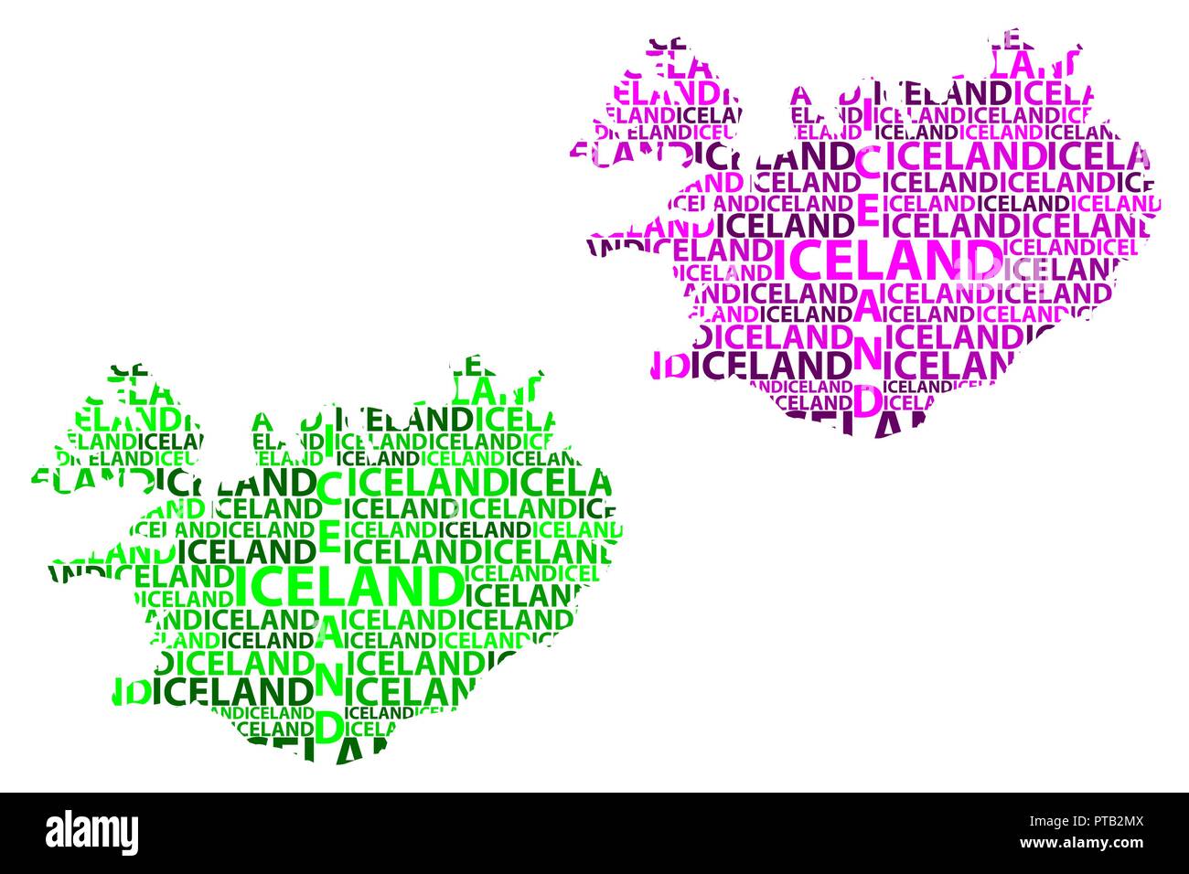 Sketch Iceland letter text map, Nordic island country in the shape of