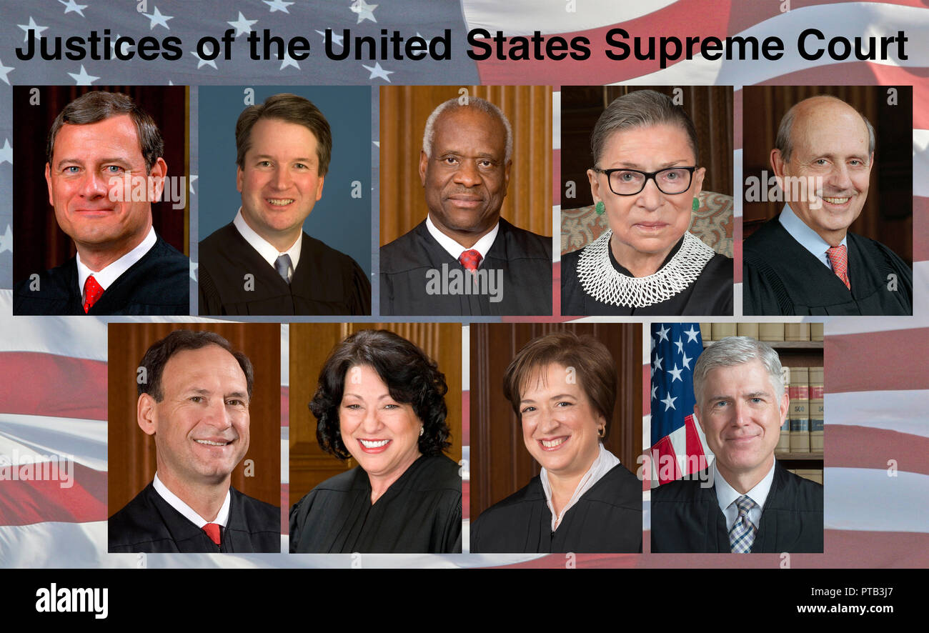 Justices of the United StatesSupreme Court.  Top row (left to right): John G. Roberts, Jr., Chief Justice; Brett M. Kavanaugh, Clarence Thomas, Ruth Bader Ginsburg, Stephen G. Breyer.  Bottom Row (left to right) Samuel Anthony Alito, Jr.; Sonia Sotomayor; Elena Kagan; Neil M. Gorsuch Stock Photo