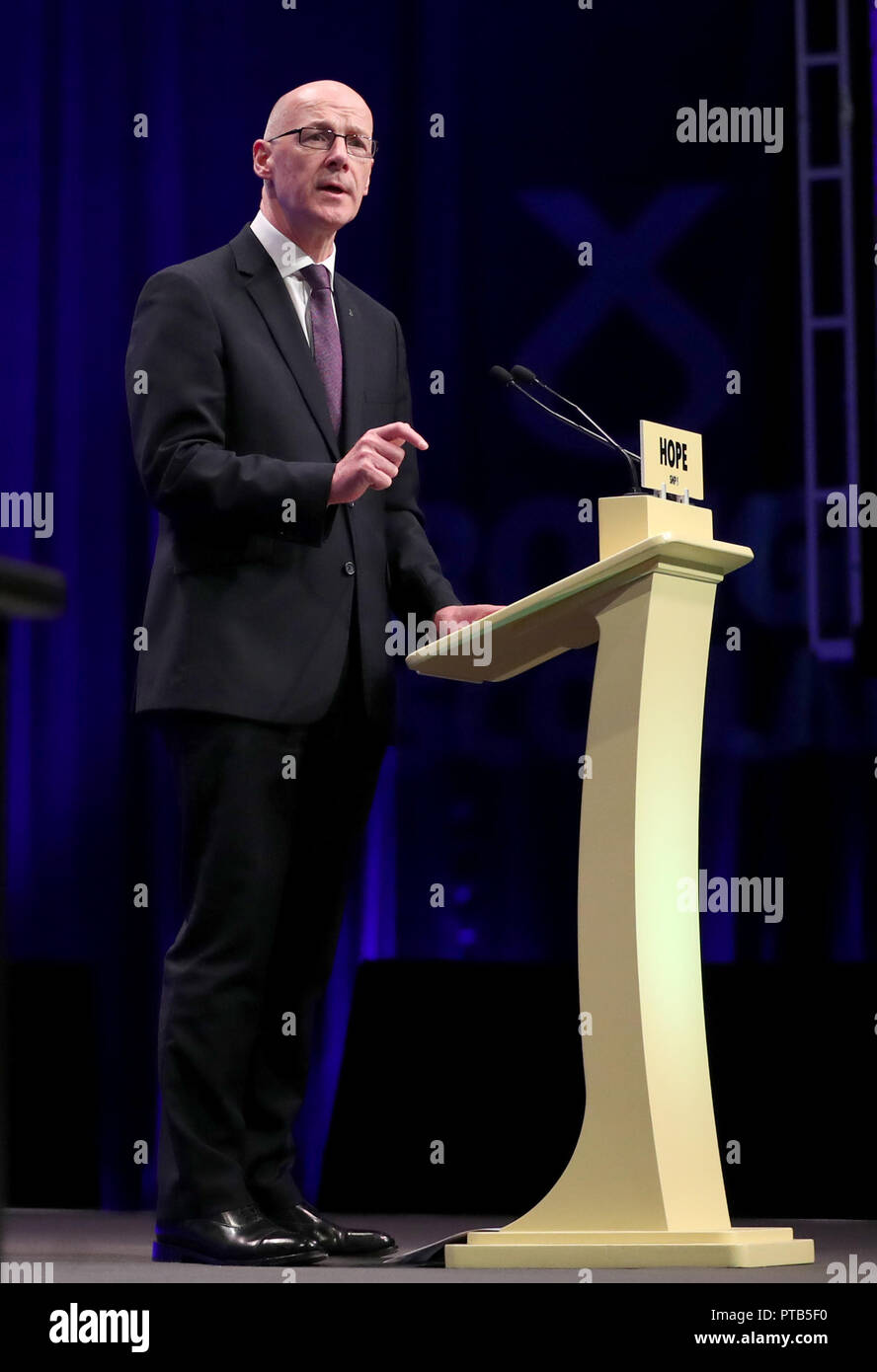 Deputy First Minister John Swinney makes a speech on day two of the SNP autumn conference at the SEC, Glasgow. Stock Photo