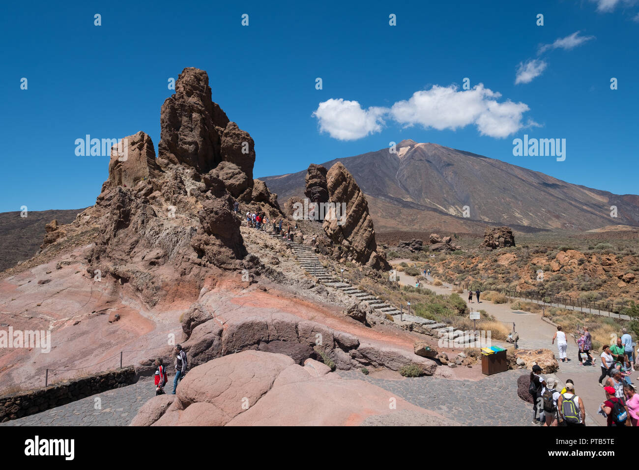 Tenerife, Canary Islands, Spain - September 2018:  People at Roque Cinchado rock at Roques De Garcia Parque Nacional Del Teide Tenerife Spain Stock Photo