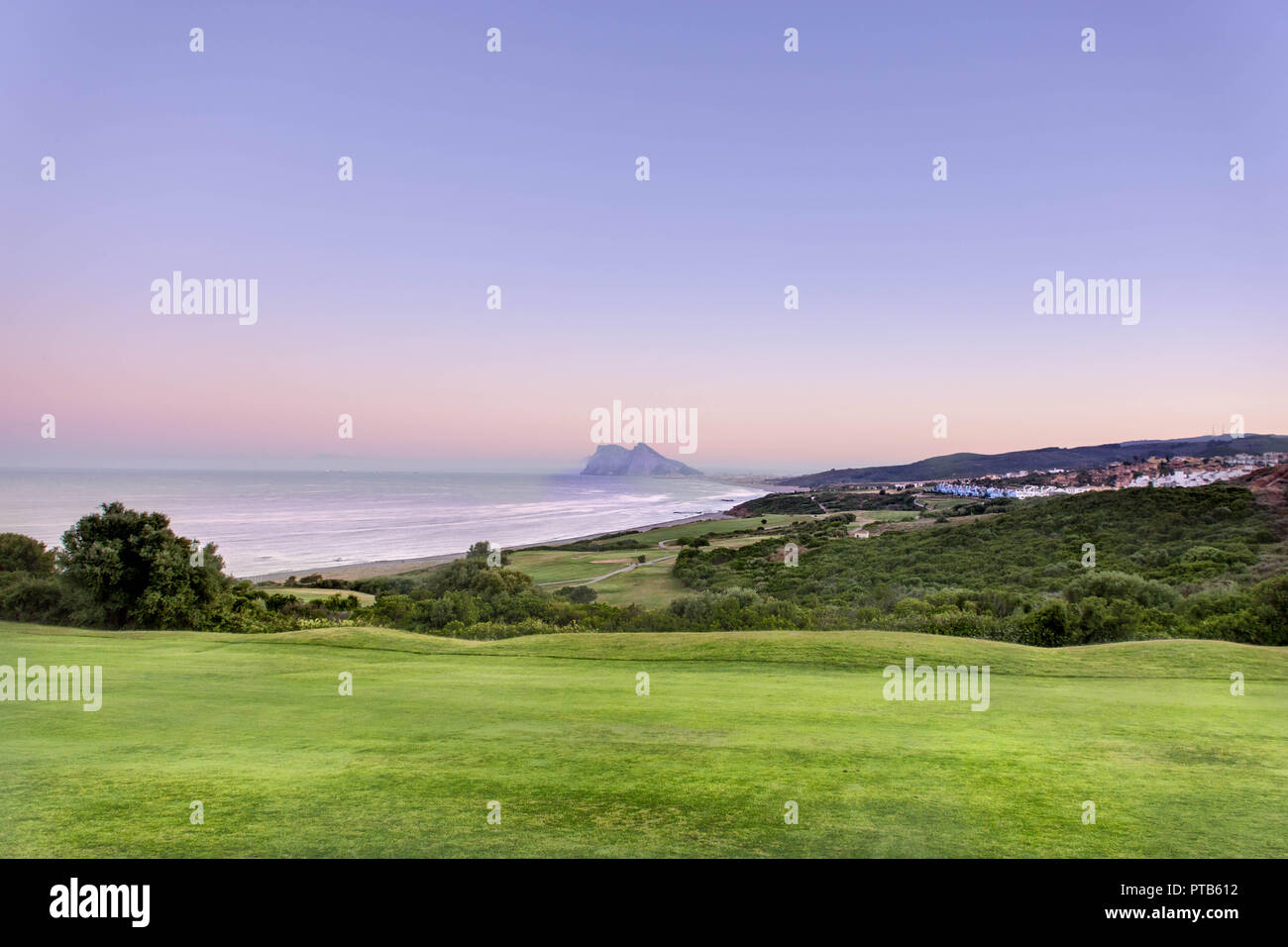 Beach and golf field in La Alcaidesa, Costa del Sol, Spain Stock Photo