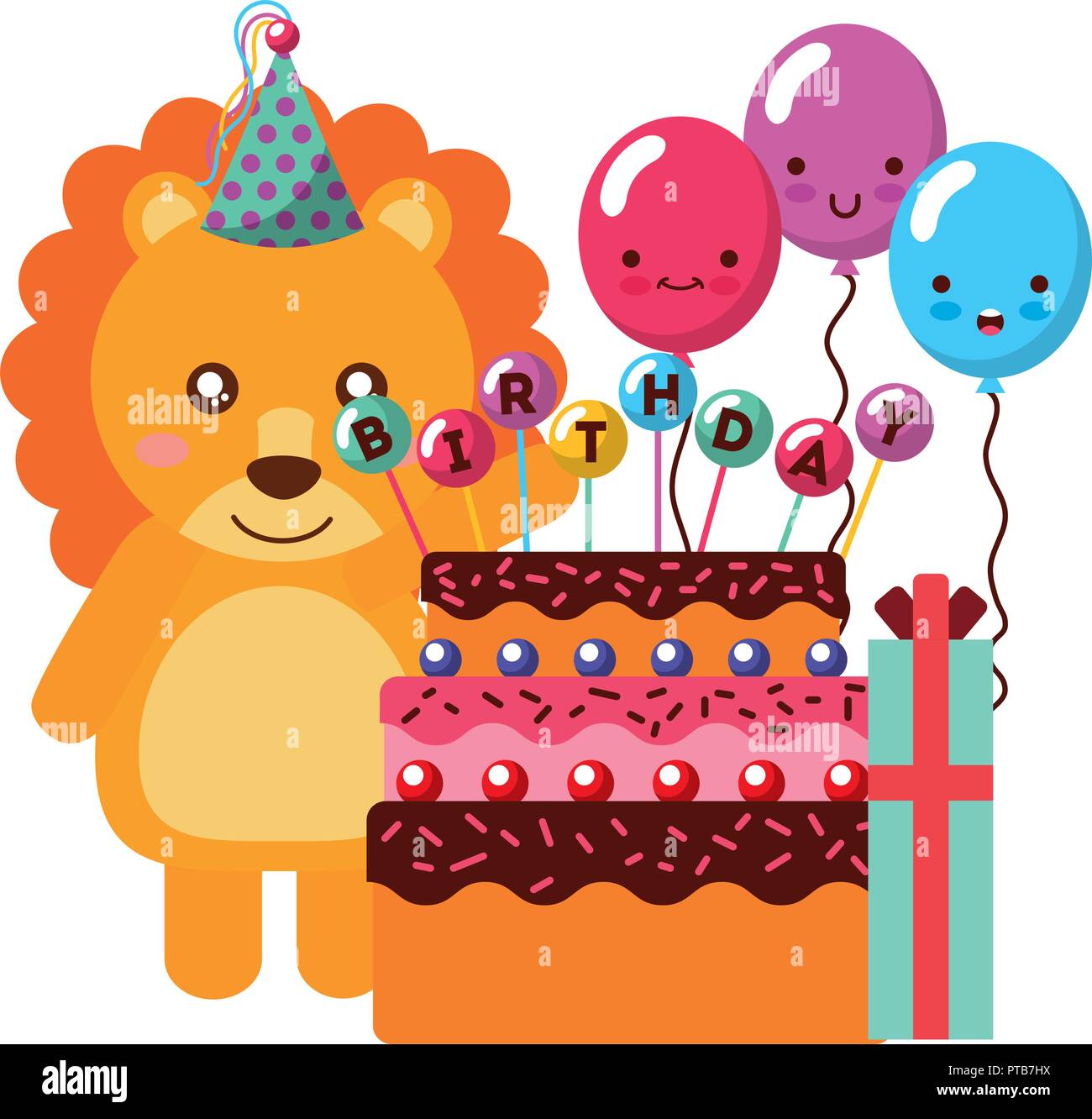 birthday lion cake and balloons gift vector illustration Stock Vector ...