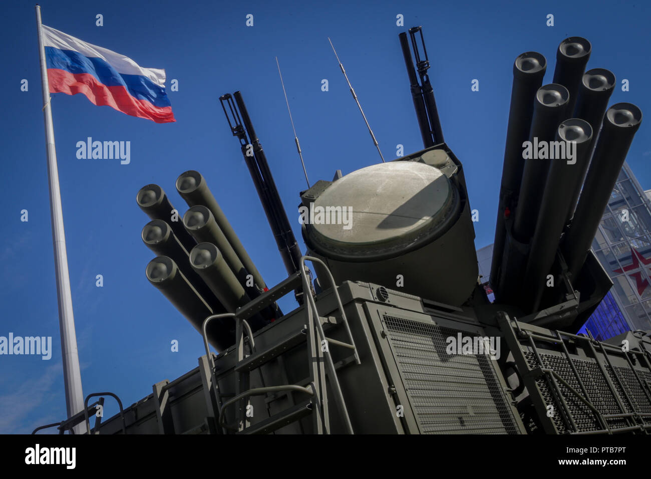 The Pantsir-S1 (SA-22), self-propelled, medium-range surface-to-air missile system seen displayed under the Russian national flag during the annual Army defense technology exhibition. Stock Photo