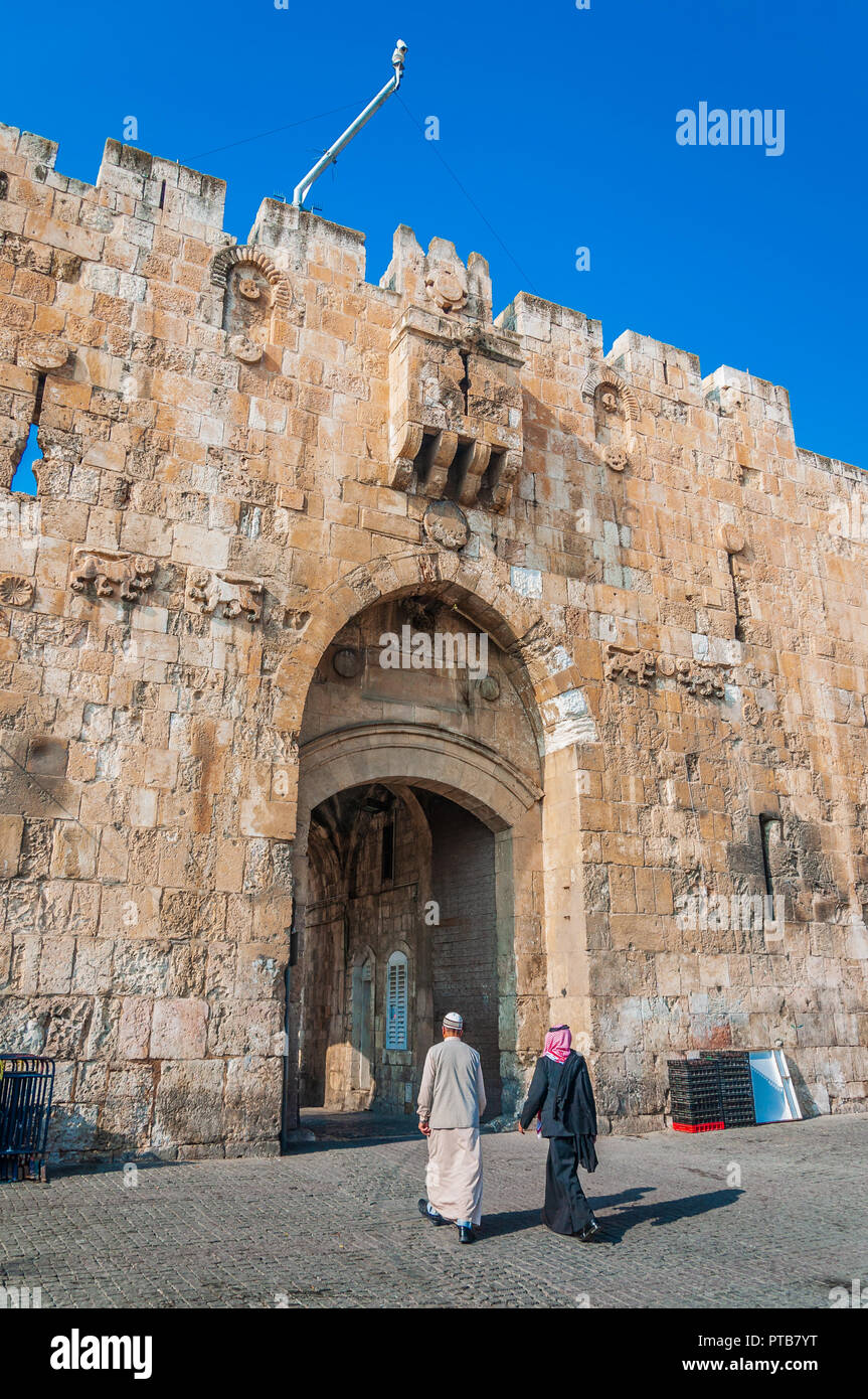 View of the wall of Damascus Gate or Lion Gate in the Muslim Quarter in Jerusalem Israel Stock Photo