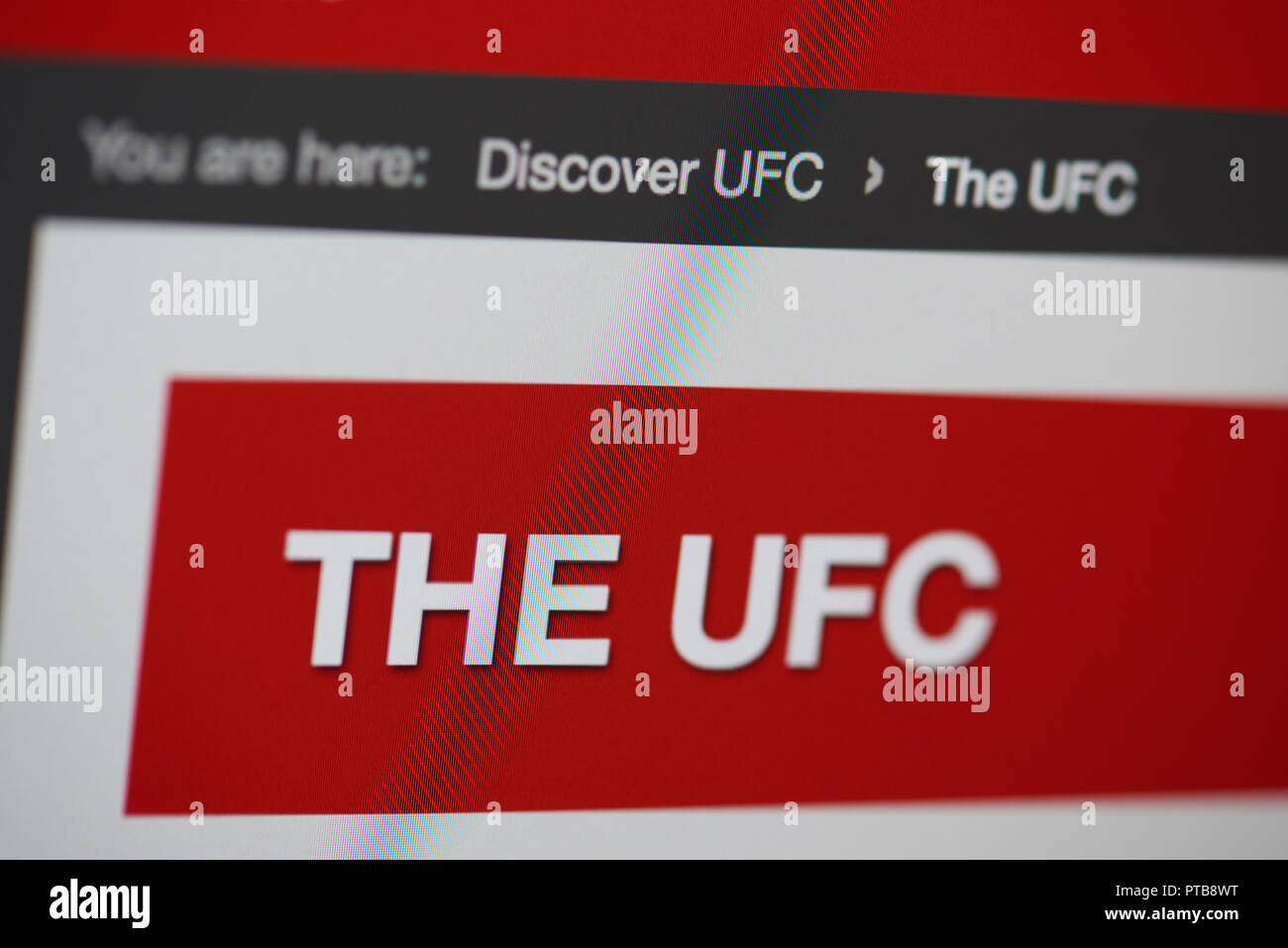 New york, USA - october 8, 2018: Discover UFC home page on laptop screen close up view Stock Photo