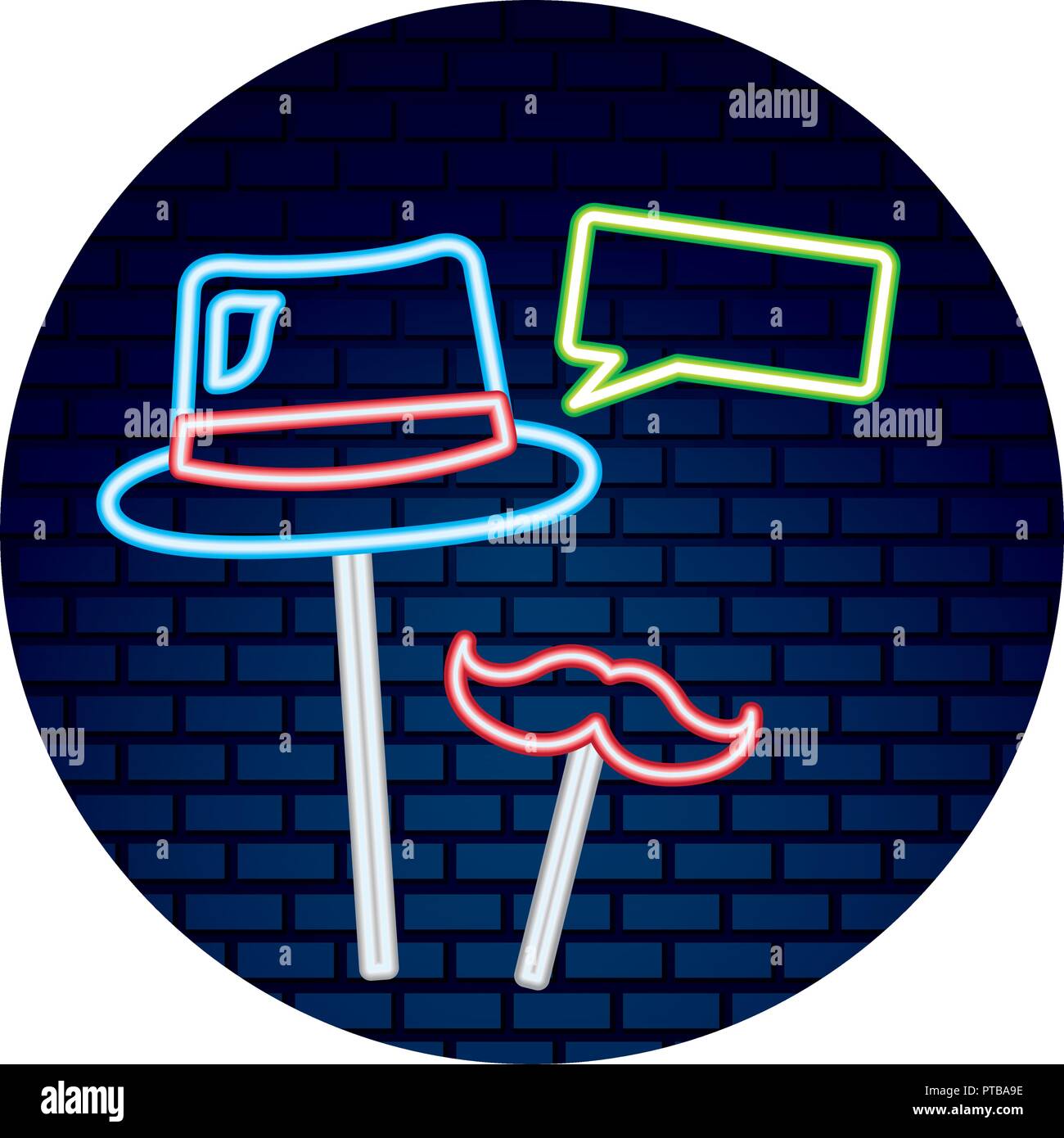 hat mustache speech bubble party neon brick wall vector illustration Stock Vector