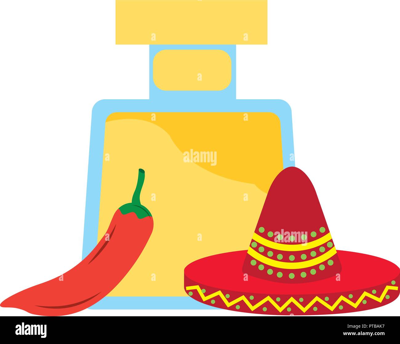 tequila bottle drink chili pepper and hat mexican vector illustration ...