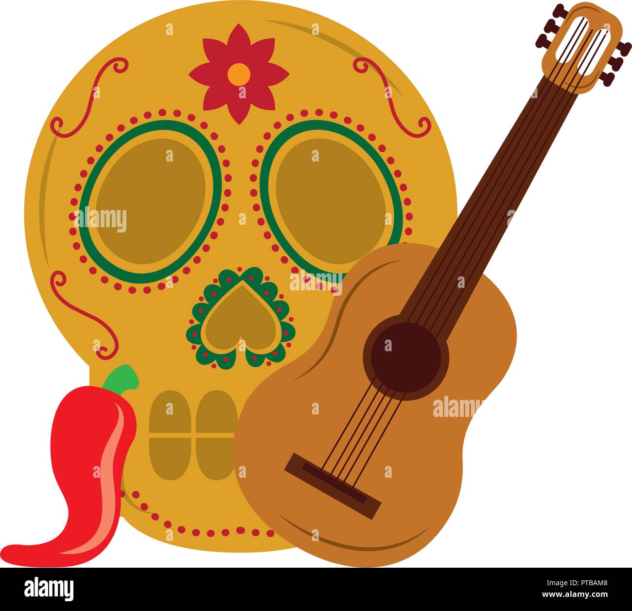 mexican skull guitar and chili pepper vector illustration Stock Vector ...