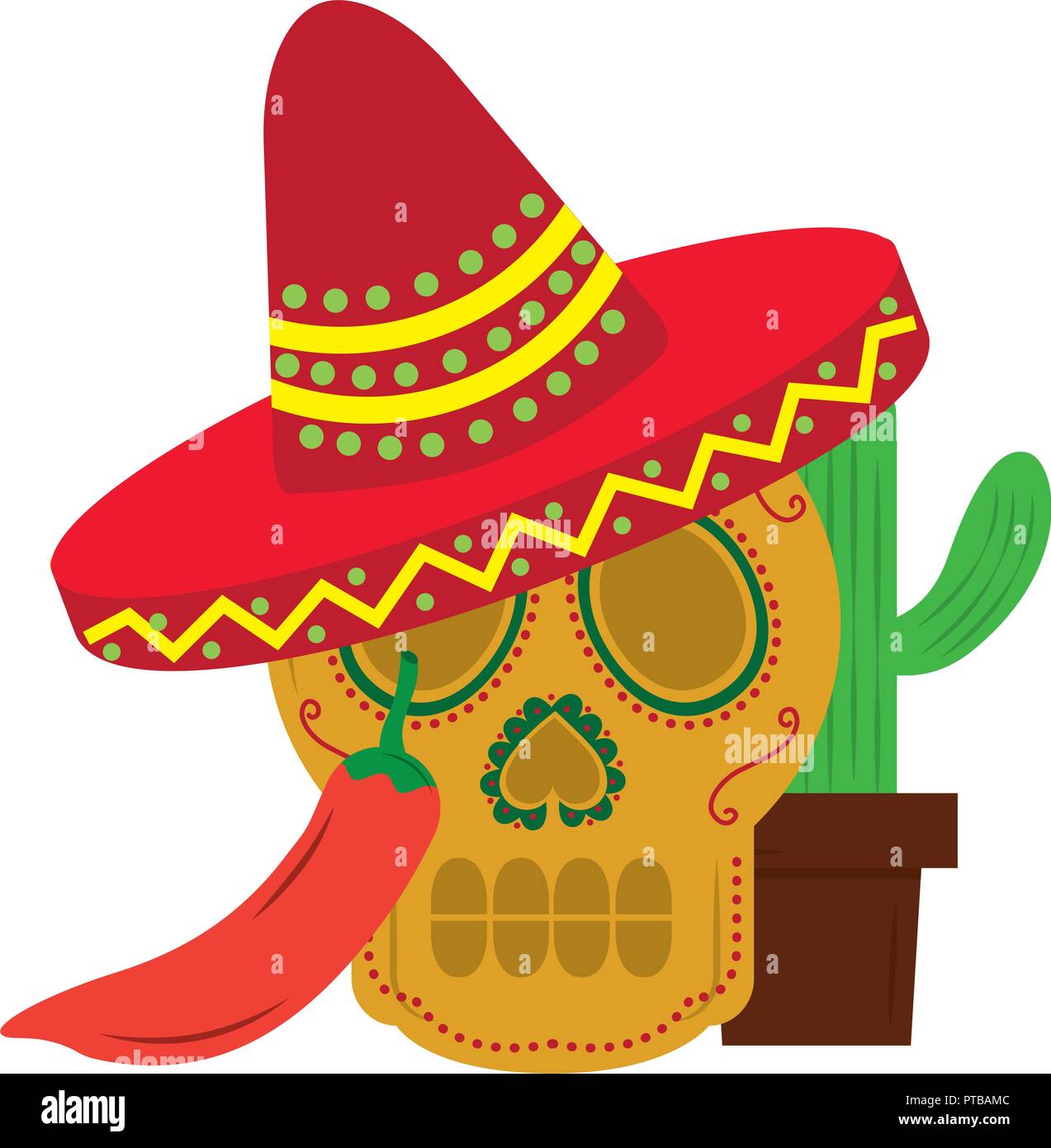 mexican skull hat cactus and chili pepper vector illustration Stock ...