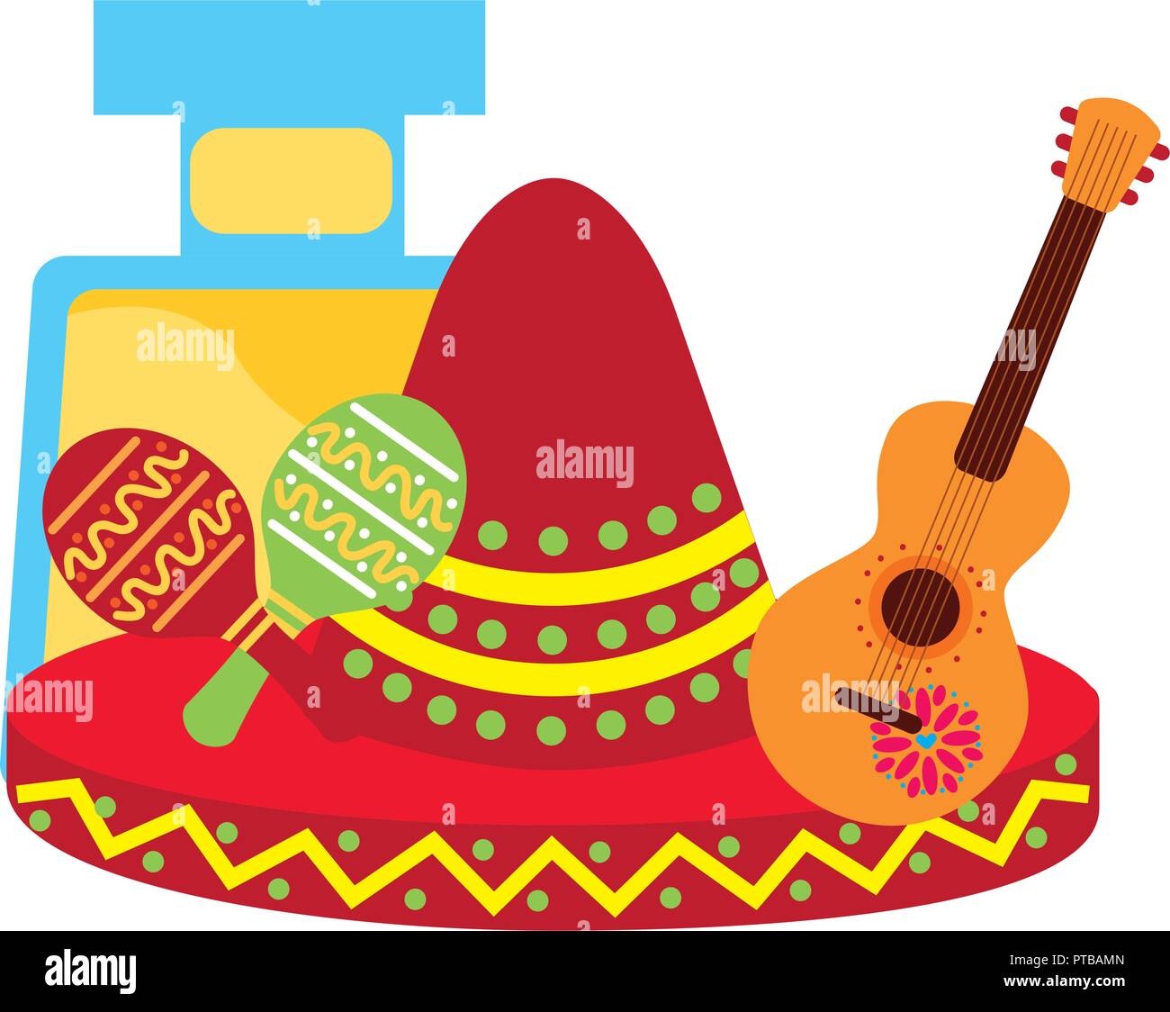tequila drink guitar hat and maracas mexican vector illustration Stock ...