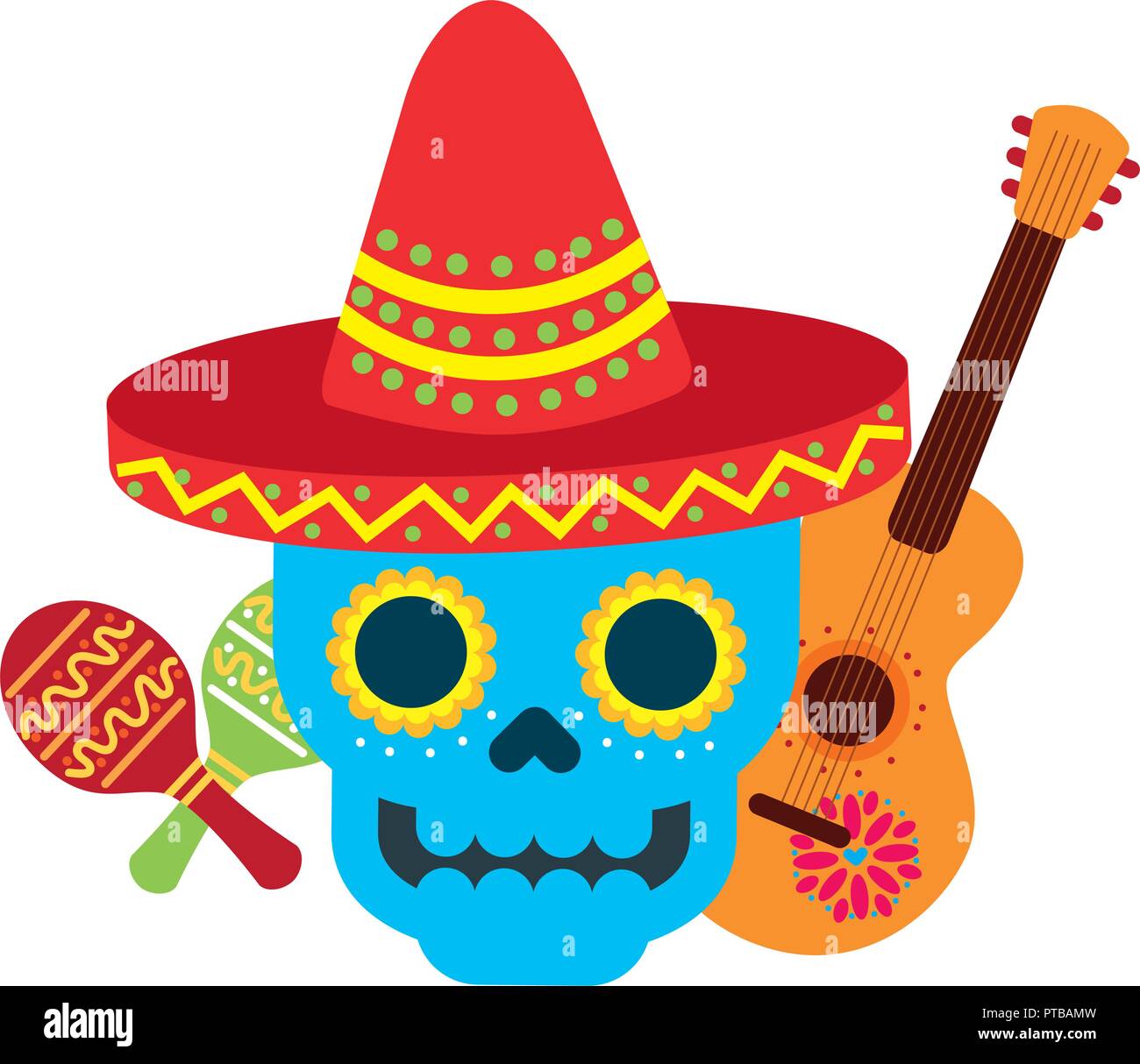 mexican skull with hat guitar and maracas vector illustration Stock ...