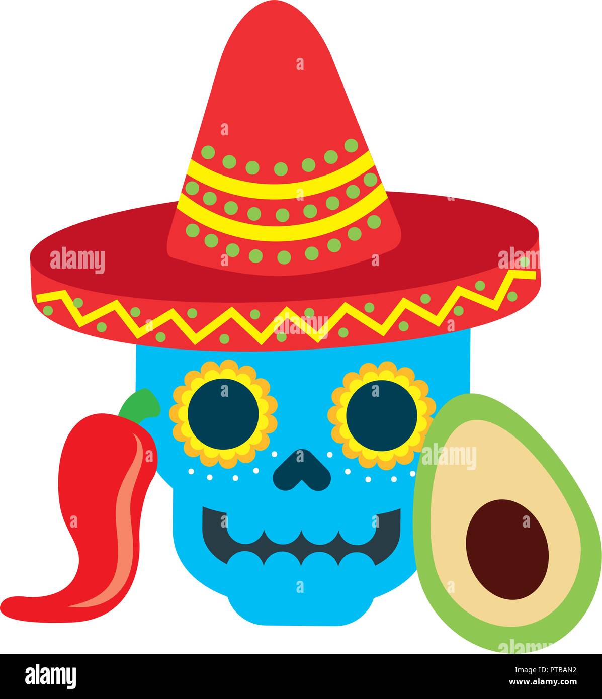 mexican skull with hat avocado and chili pepper vector illustration ...