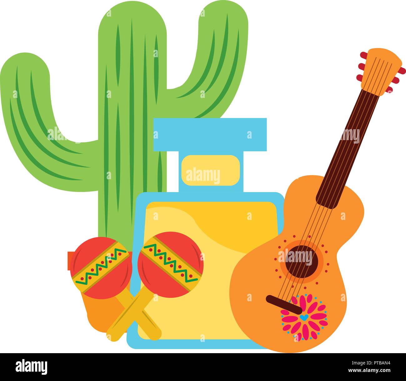 tequila drink cactus maracas and guitar mexican vector illustration ...