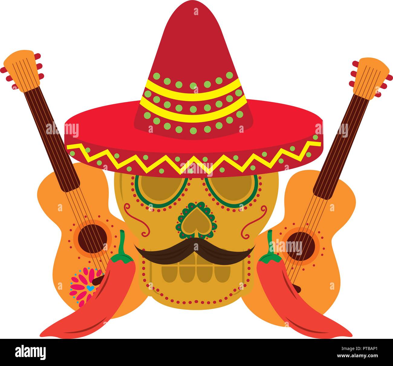 mexican skull with hat mustache and guitars vector illustration Stock ...