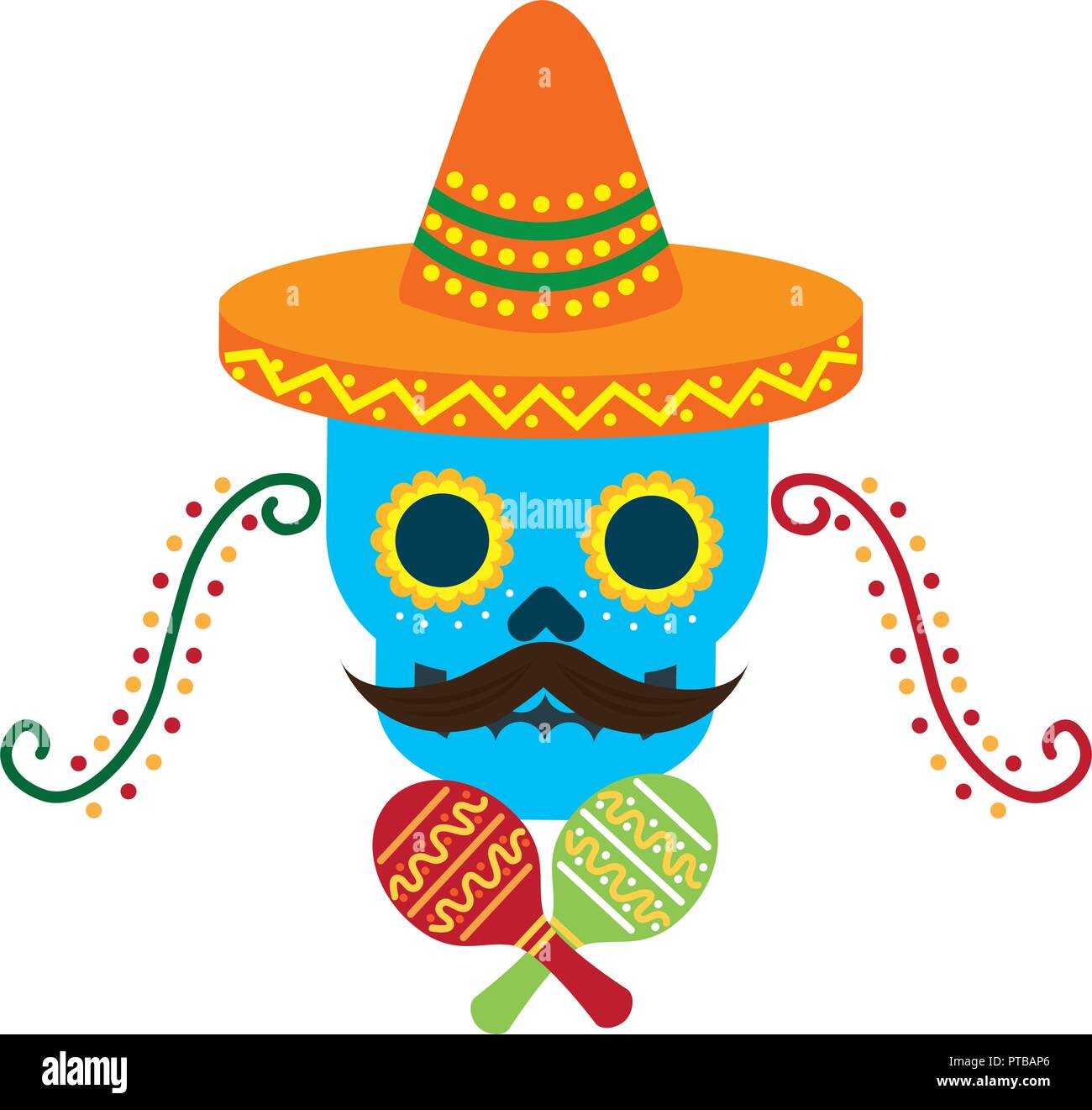 mexican skull with hat maracas decoration vector illustration Stock ...