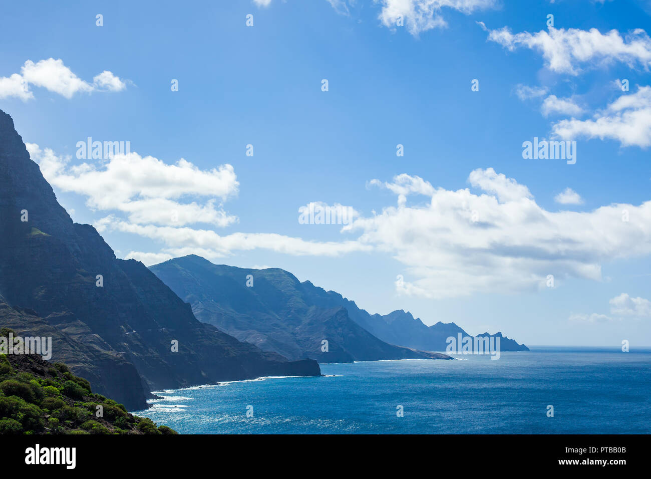 Scenic landscape of mountains and atlantic ocean on Gran Canaria island. Nature background Stock Photo