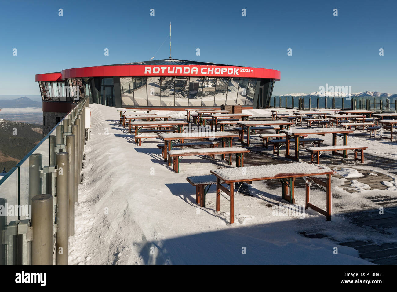 TATRA MOUNTAINS, SLOVAKIA - October 05, 2018. Terrace and restaurant in the upper cable car at the top of Chopok. Chopok cableway station in Low Tatra Stock Photo