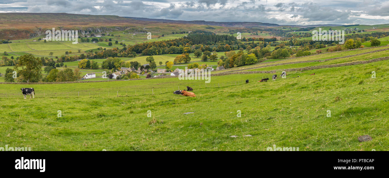North Pennines AONB panoramic landscape, Newbiggin, Holwick and Upper Teesdale, County Durham, UK  in autumn Stock Photo