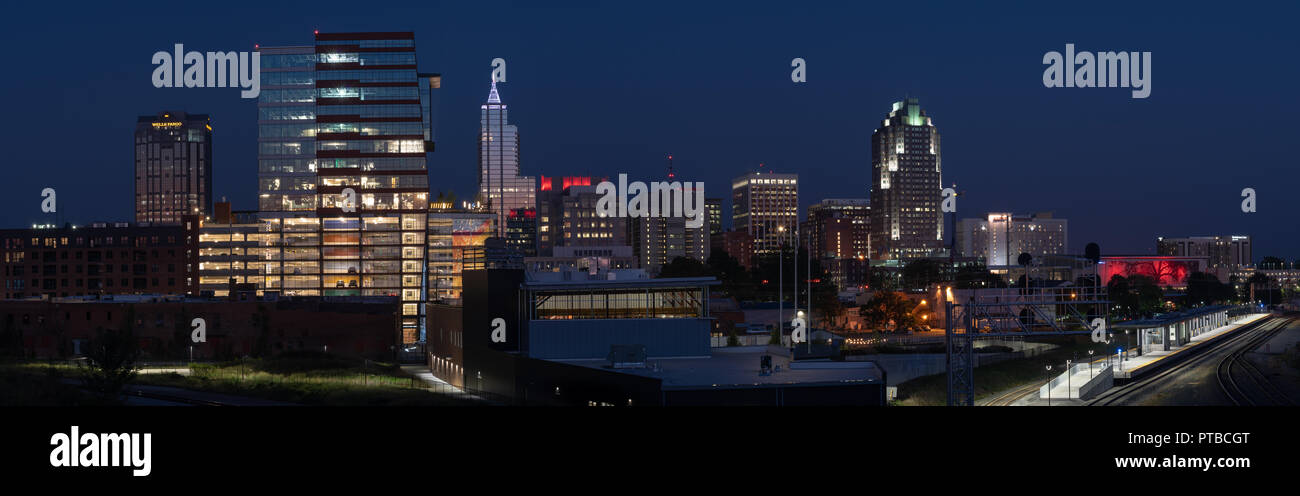 Downtown Raleigh, NC panoramic skyline at dusk with PNC Plaza reflecting the days last light (editorial) Stock Photo