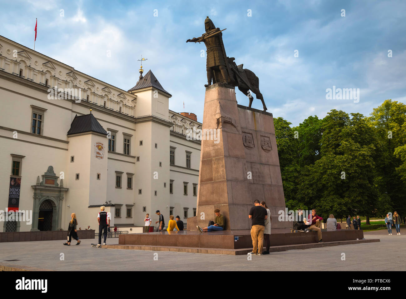 Cathedral Square Vilnius, view on a summer evening of people gathered around the Monument to Grand Duke Gediminas in Cathedral Square,Vilnius Old Town Stock Photo