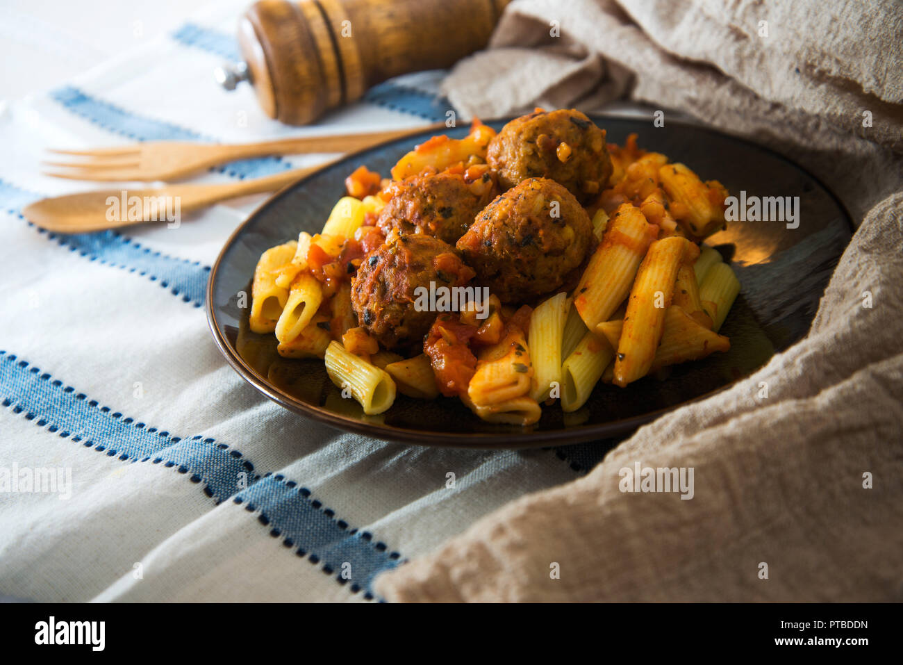 tasty penne with Meat ball and tomato sauce Stock Photo