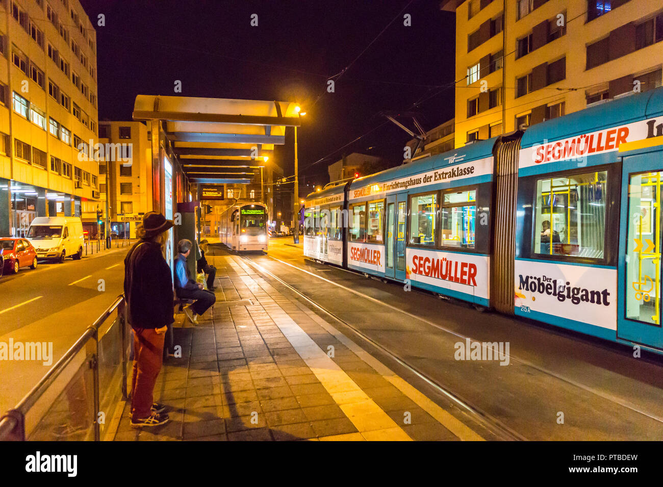 Bombardier Flexity Classic trams of VGF at a stop in Frankfurt, Hessen, Germany Stock Photo