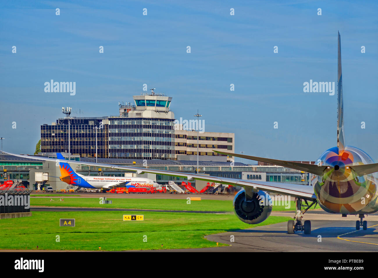 Manchester Airport and Jet2 aircraft, Ringway, Greater Manchester, England. UK. Stock Photo