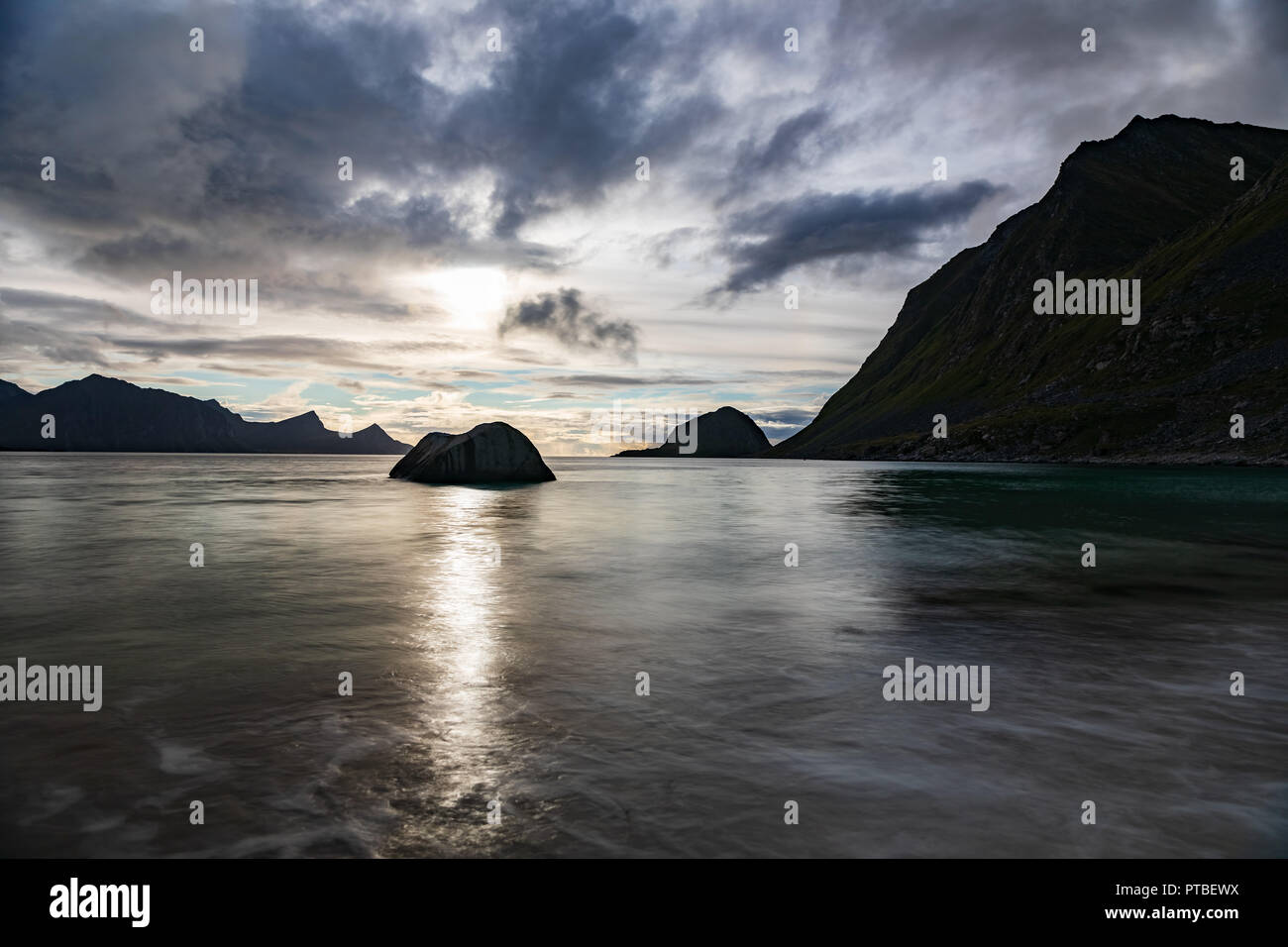 Sunset at Haukland beach in Lofoten islands, Norway Stock Photo - Alamy
