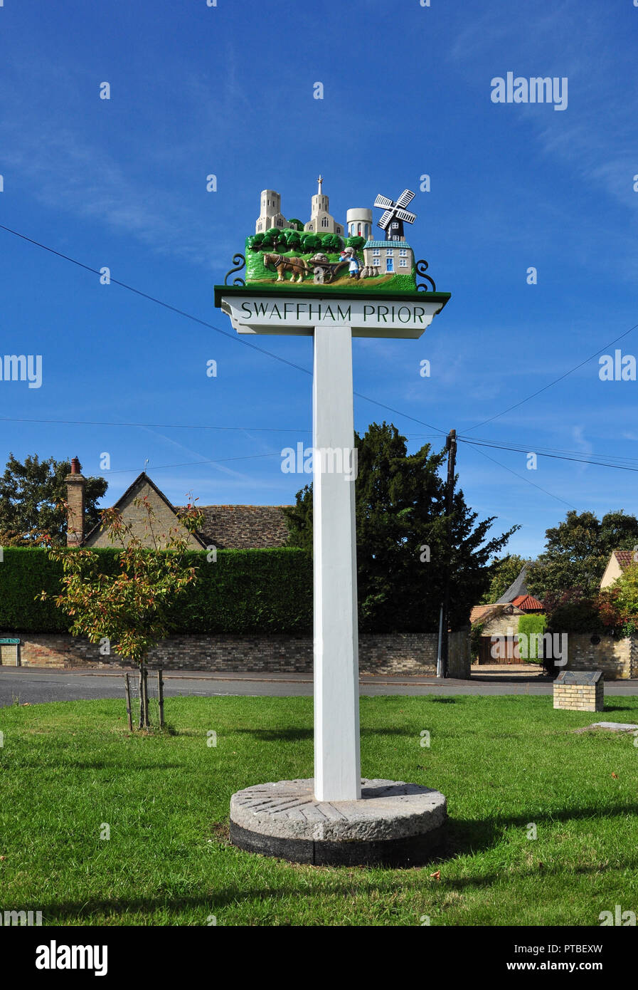 Village sign, Swaffham Prior, Cambridgeshire, England, UK Stock Photo