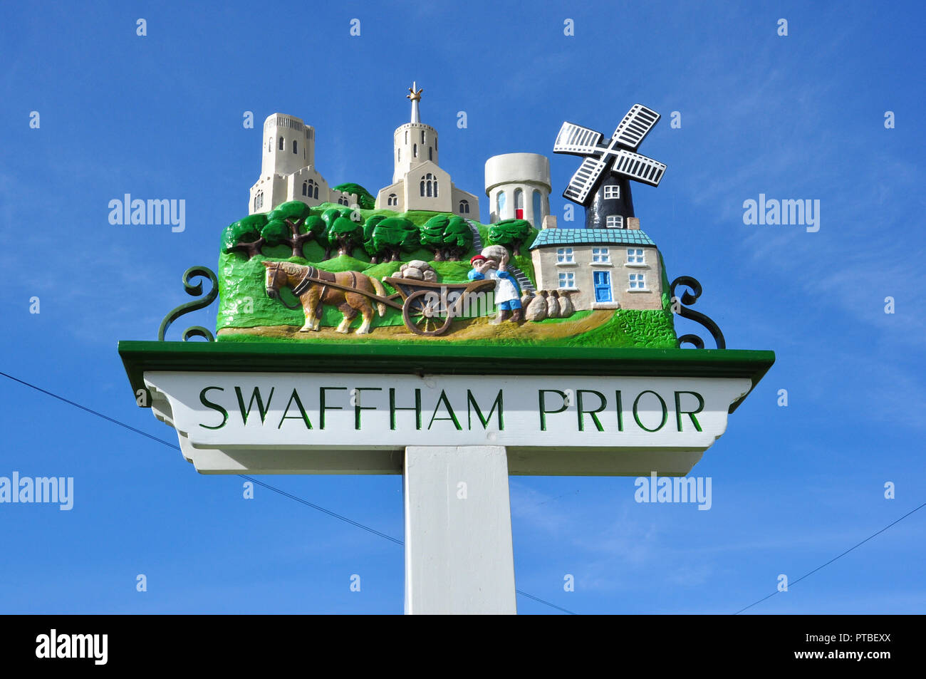 Village sign, Swaffham Prior, Cambridgeshire, England, UK Stock Photo