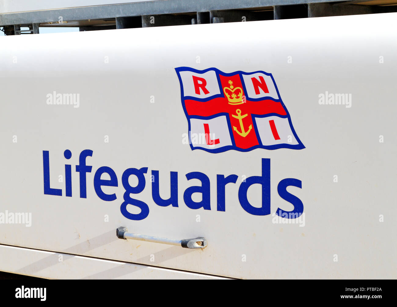 RNLI Lifeguards equipment container by the Lifeguards hut on the seawall at West Runton, Norfolk, England, United Kingdom, Europe. Stock Photo